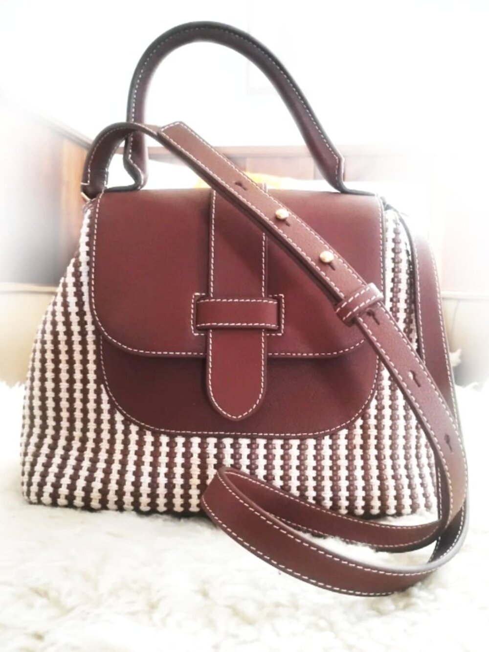 J. McLaughlin. Brown leather & Cream woven Bag New